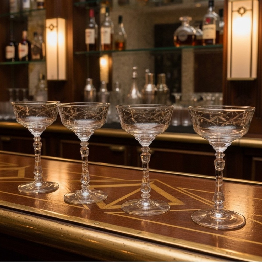 Libbey Rock Sharpe Normandy Champagne Coupes, Set of 4, Vintage Clear Stemware